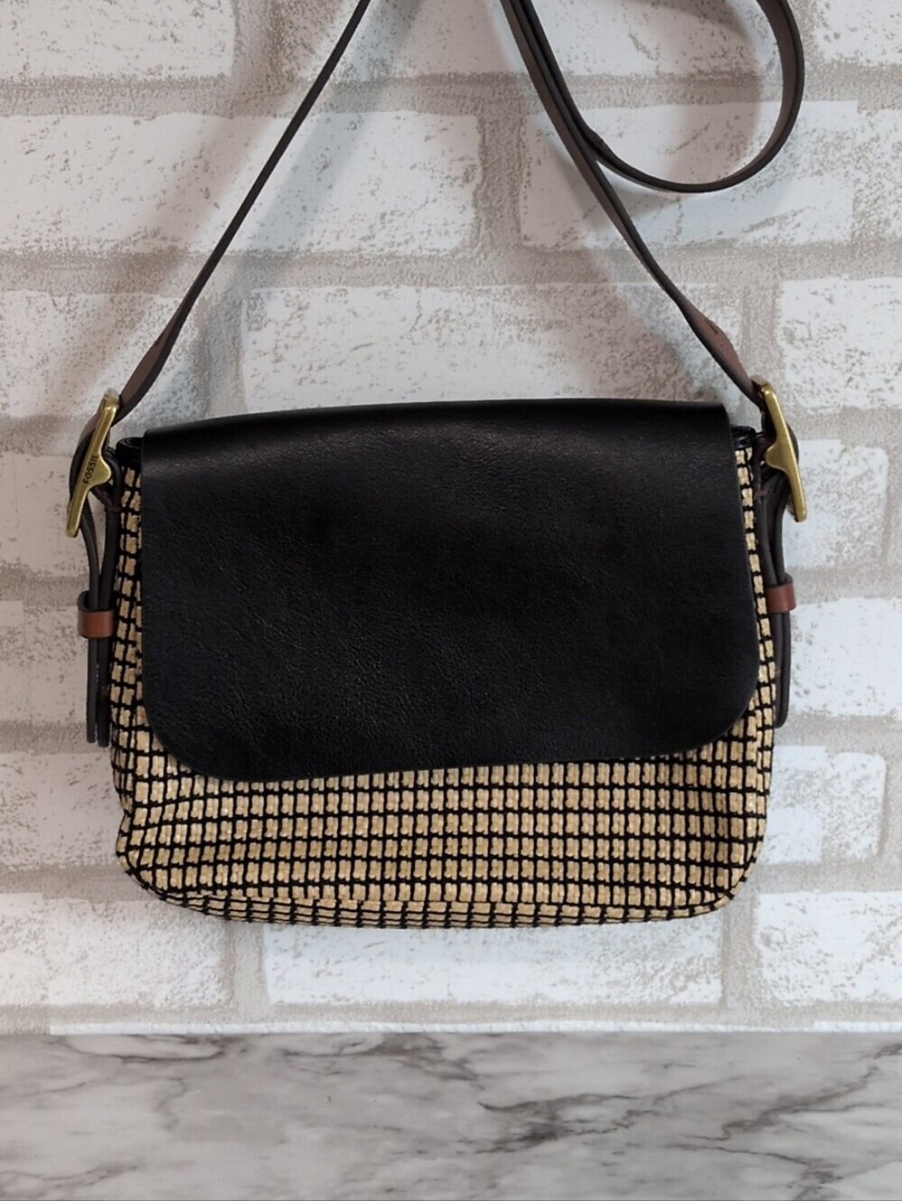 Fossil Harper Crossbody Bag with A Black Leather Flap & Geometric Pattern NWOT